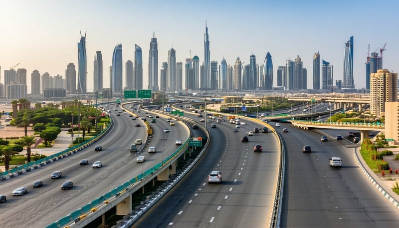 Dubai skyline with major highways and toll gates Dubai skyline with major highways and toll gates